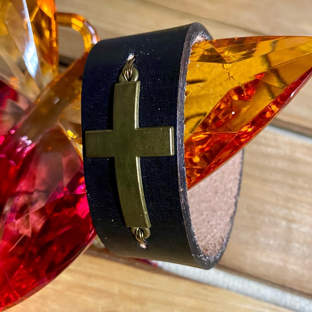 Black Leather Bracelet with Gold Cross